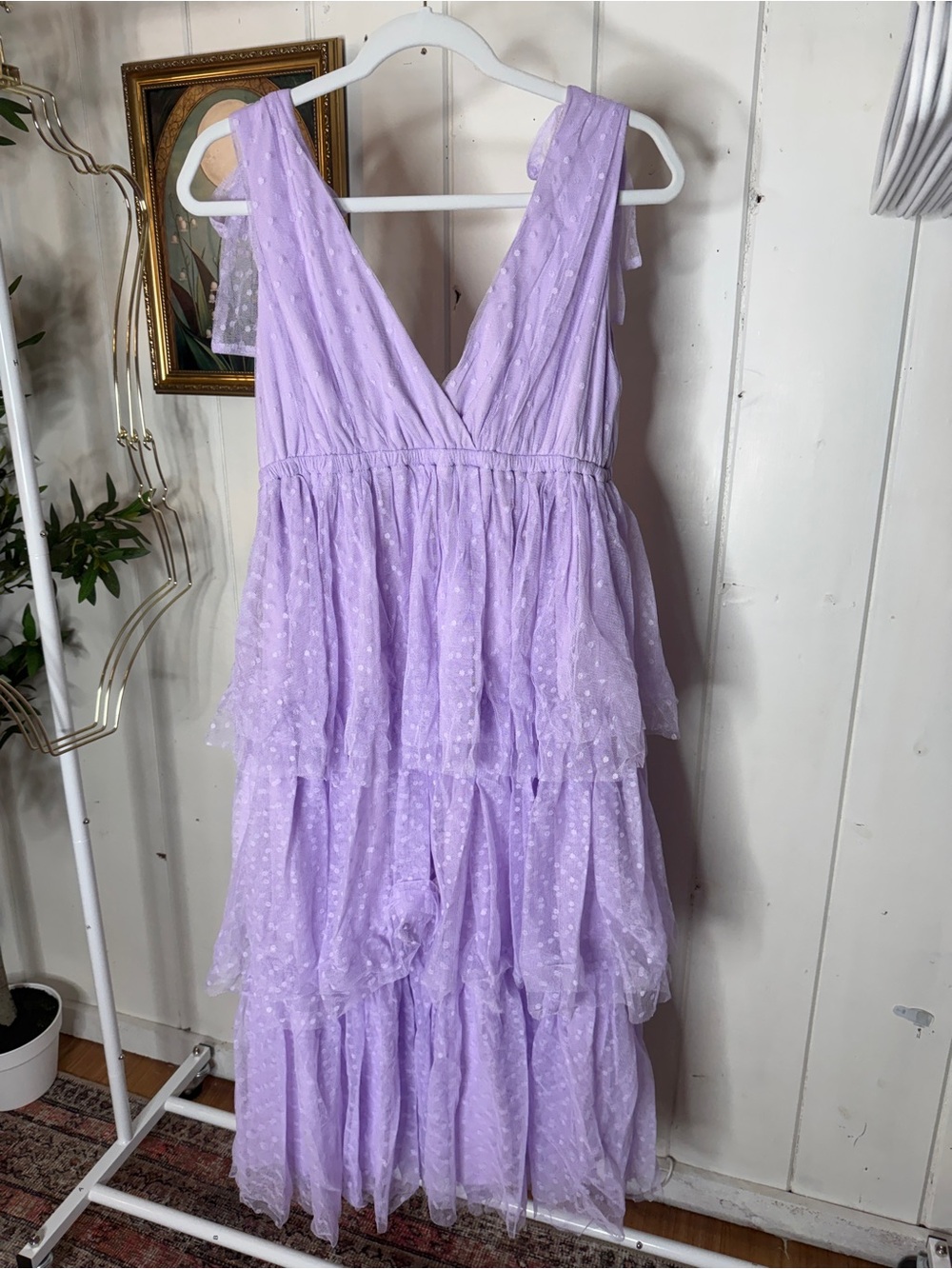 Lavender Tiered Swiss Dot Maxi Dress